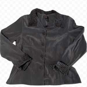 R&K Originals Cropped Gray Faux Suede  Collar Jacket Leopard Print Detail Sz 14